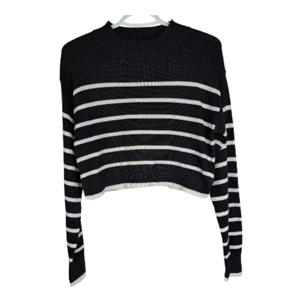 Joie Black and White Striped Cropped Crewneck Sweater